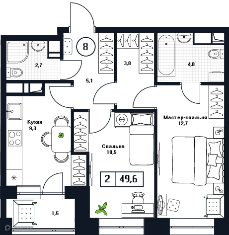 2-комнатная квартира 49.7 м² Пушкино Град