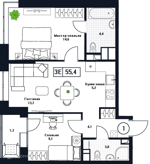 2-комнатная квартира 55.4 м² Пушкино Град