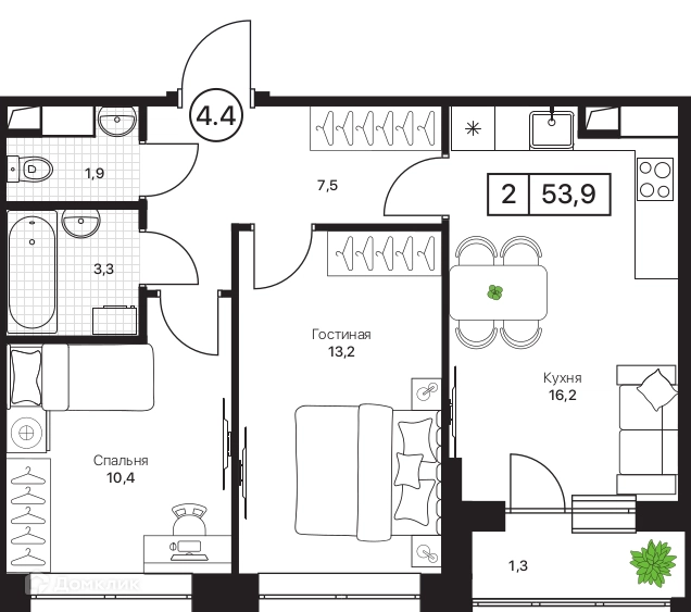 2-комнатная квартира 53.9 м² Пушкино Град