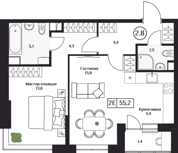 2-комнатная квартира 55.2 м² Пушкино Град