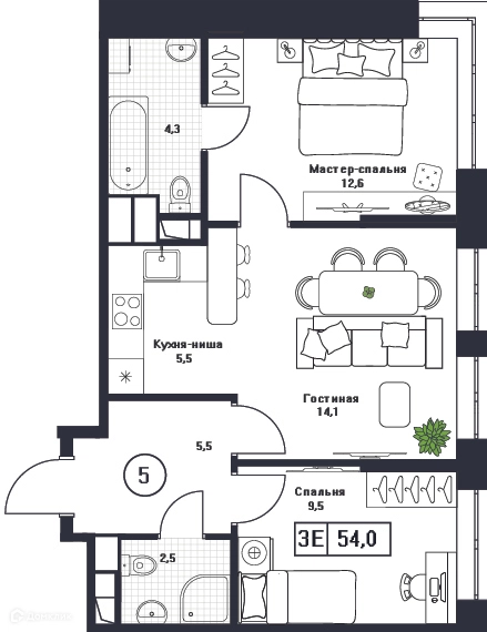 2-комнатная квартира 54 м² Пушкино Град