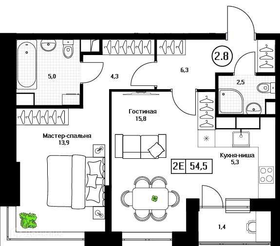 2-комнатная квартира 54.5 м² Пушкино Град