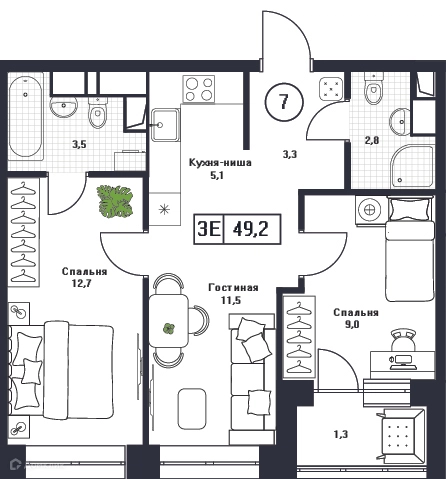 2-комнатная квартира 49.2 м² Пушкино Град
