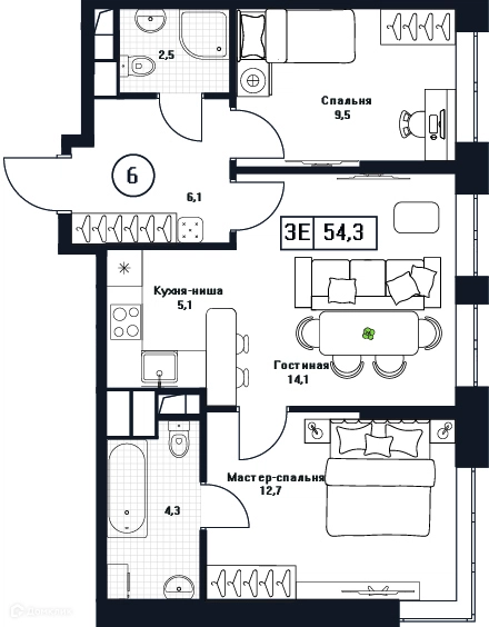 2-комнатная квартира 54.3 м² Пушкино Град