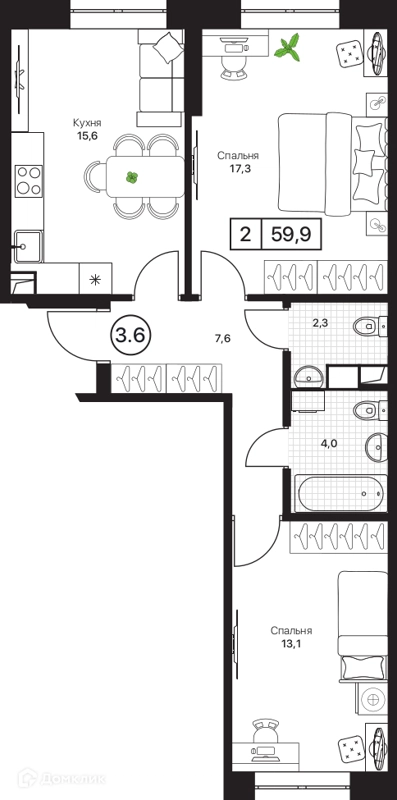 2-комнатная квартира 59.9 м² Пушкино Град