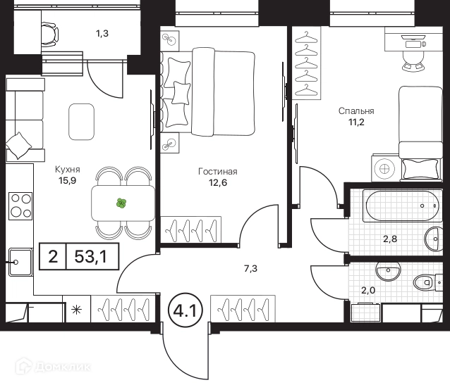 2-комнатная квартира 53.1 м² Пушкино Град