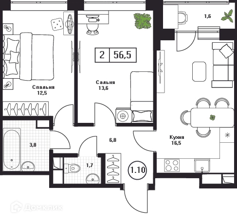 2-комнатная квартира 56.5 м² Пушкино Град