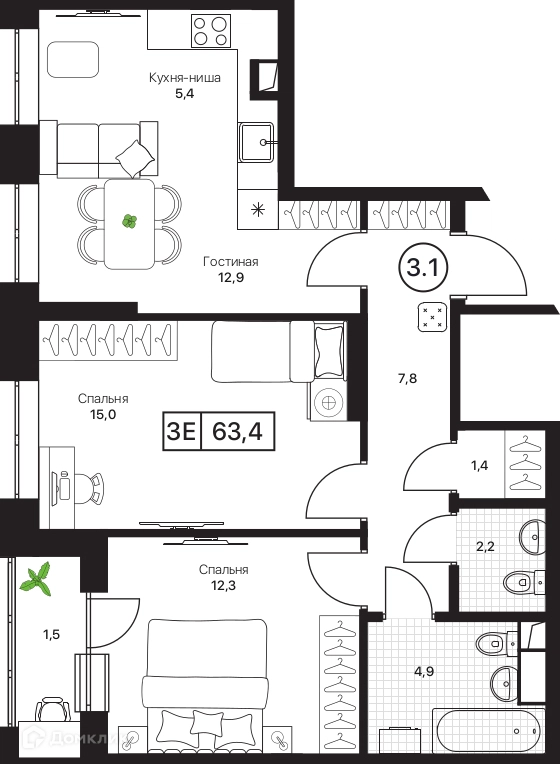 3-комнатная квартира 63.4 м² Пушкино Град