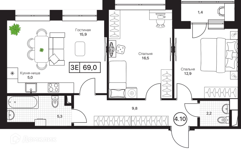 3-комнатная квартира 69 м² Пушкино Град