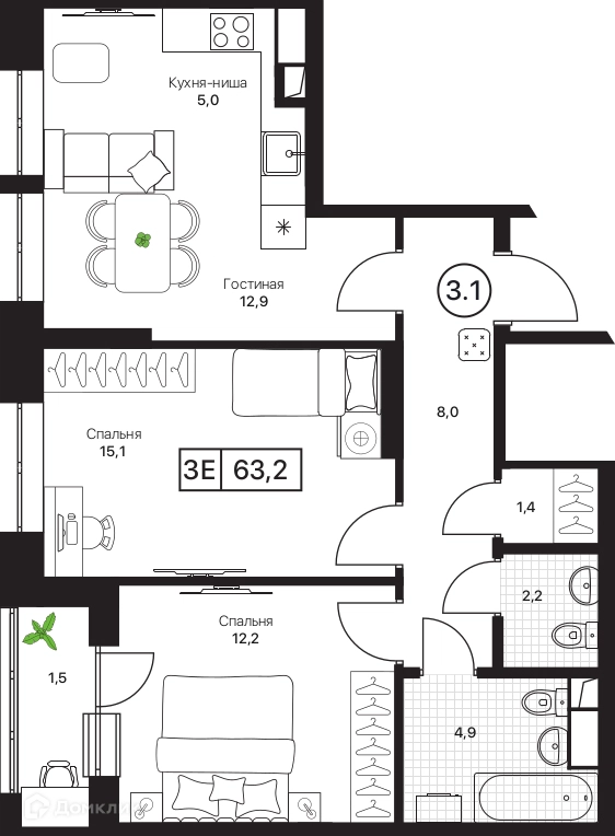 3-комнатная квартира 63.2 м² Пушкино Град