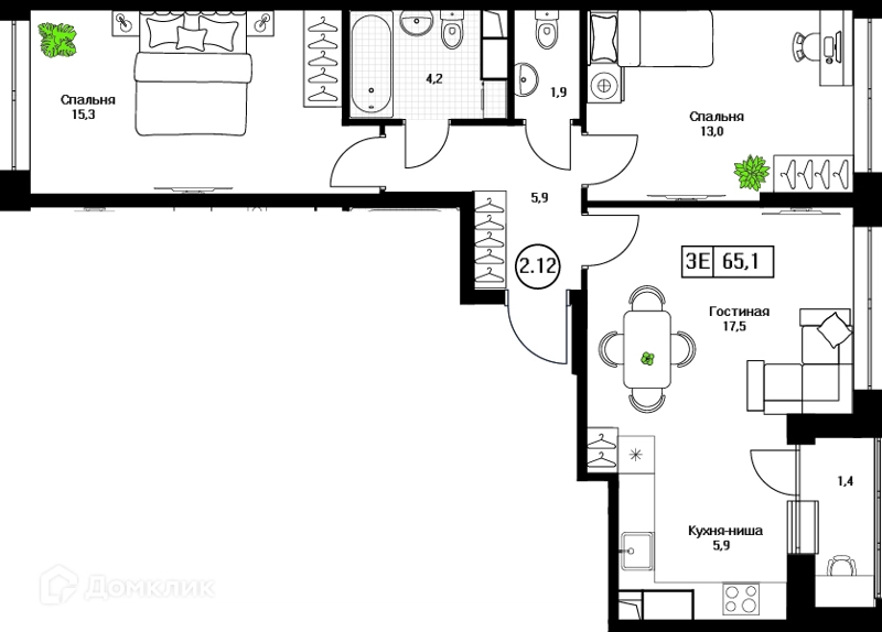 3-комнатная квартира 65.1 м² Пушкино Град