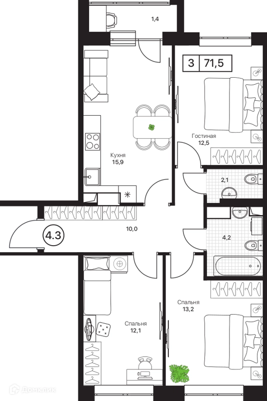 3-комнатная квартира 71.5 м² Пушкино Град