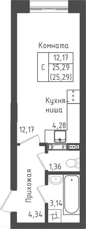 Студия 25.29 м² Зеленый город