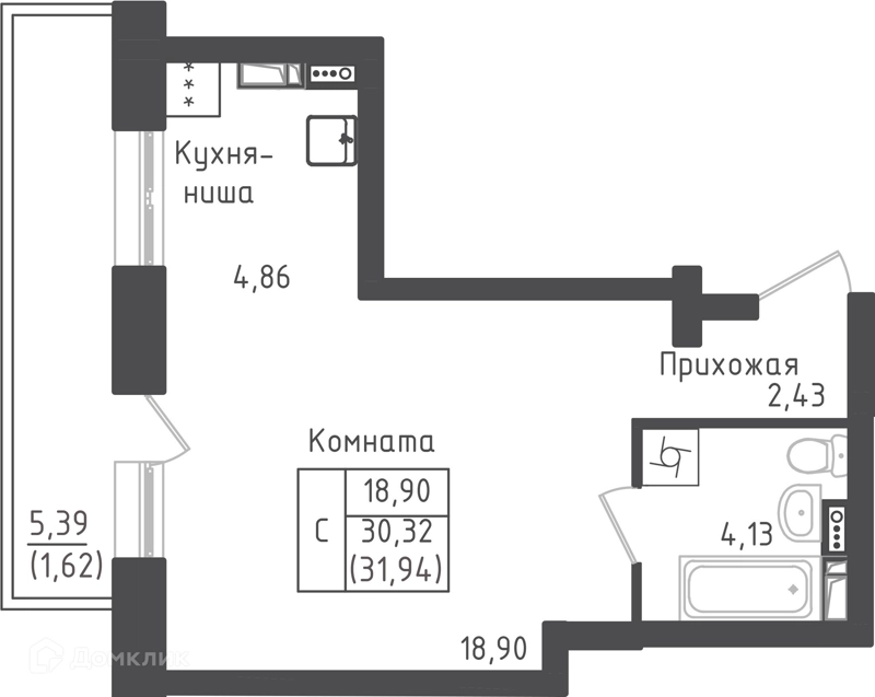 Студия 31.94 м² Зеленый город