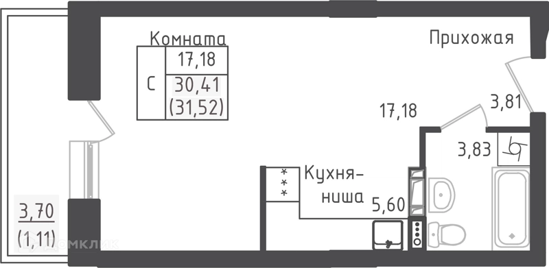 Студия 31.52 м² Зеленый город