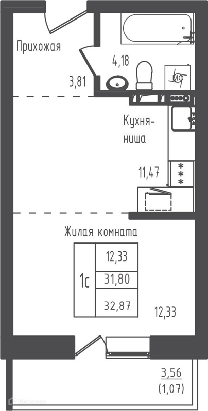 Студия 32.87 м² Зеленый город