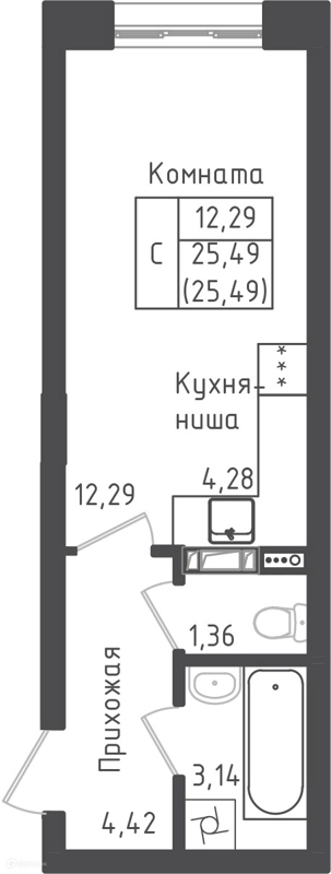 Студия 25.49 м² Зеленый город