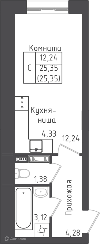 Студия 25.35 м² Зеленый город