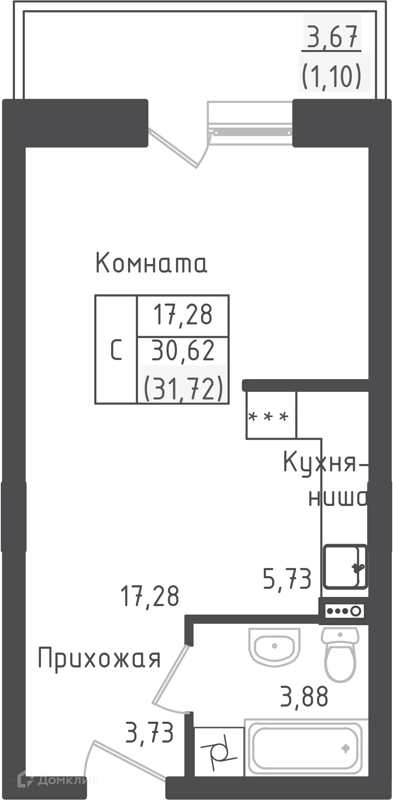 Студия 31.72 м² Зеленый город