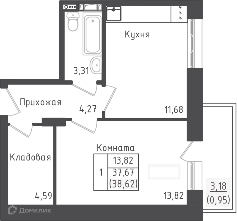 1-комнатная квартира 38.62 м² Зеленый город