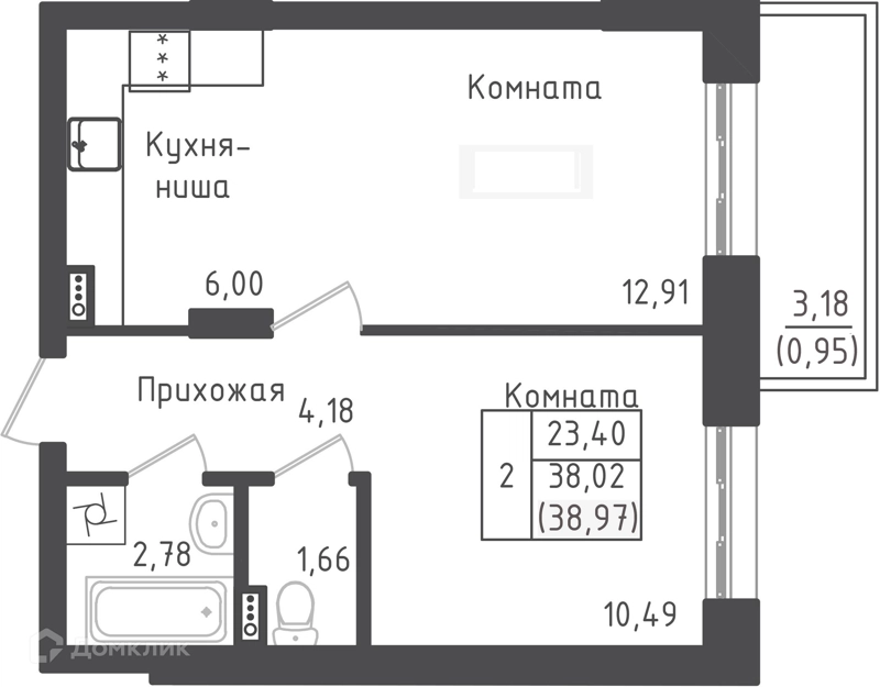 1-комнатная квартира 38.97 м² Зеленый город