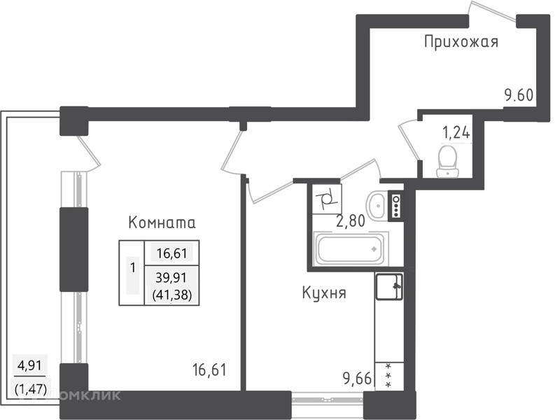 1-комнатная квартира 41.38 м² Зеленый город