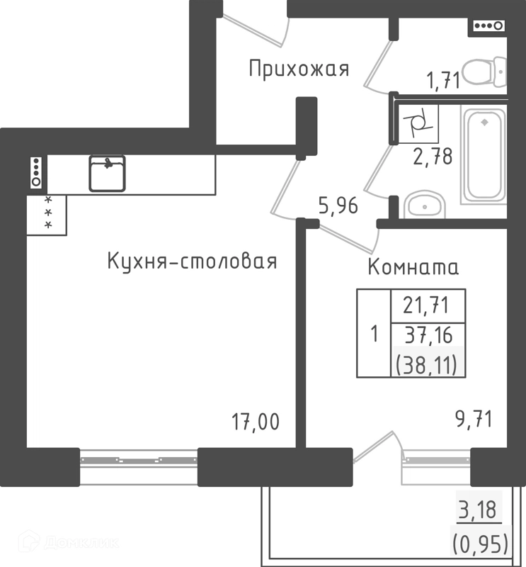 1-комнатная квартира 38.11 м² Зеленый город