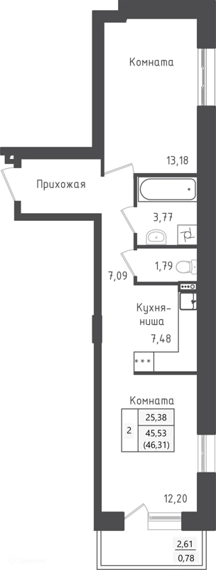 1-комнатная квартира 46.31 м² Зеленый город