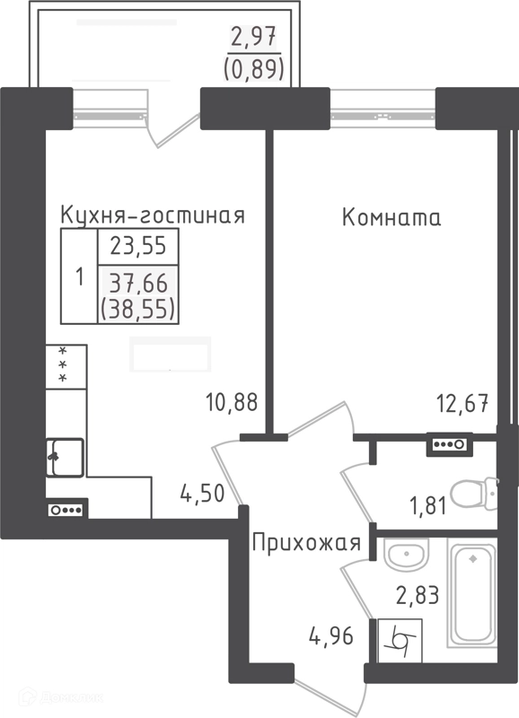 1-комнатная квартира 38.55 м² Зеленый город