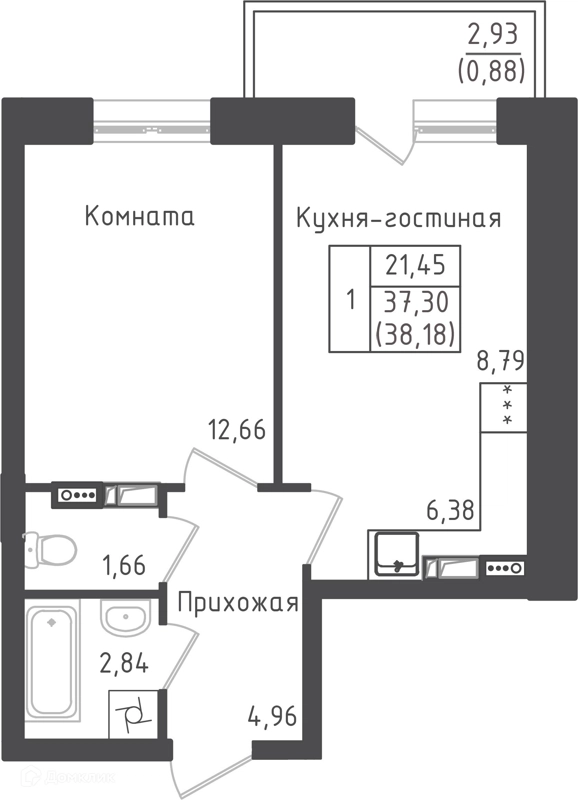 1-комнатная квартира 38.18 м² Зеленый город