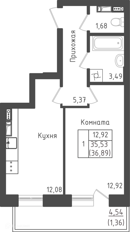1-комнатная квартира 36.89 м² Зеленый город