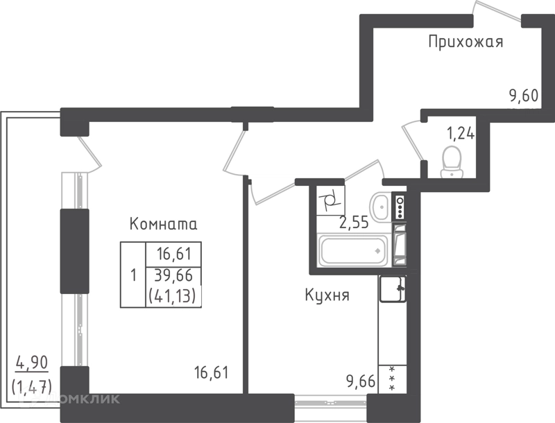 1-комнатная квартира 41.13 м² Зеленый город