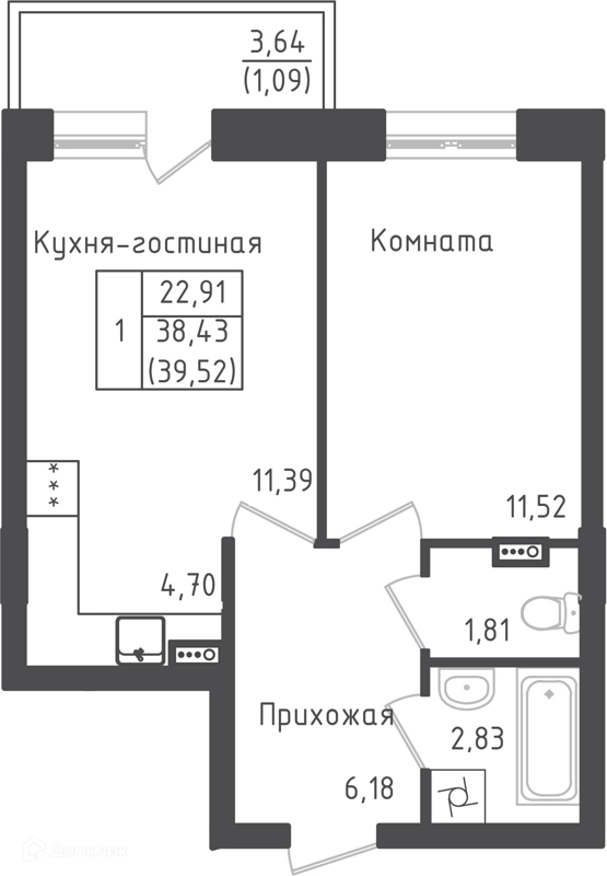 1-комнатная квартира 39.52 м² Зеленый город