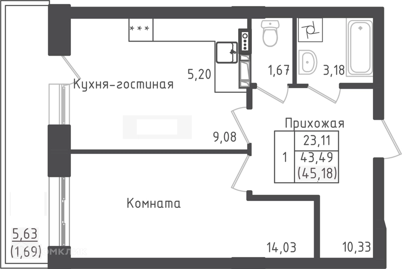 1-комнатная квартира 45.18 м² Зеленый город