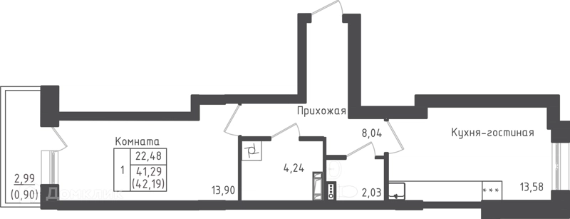 1-комнатная квартира 42.19 м² Зеленый город