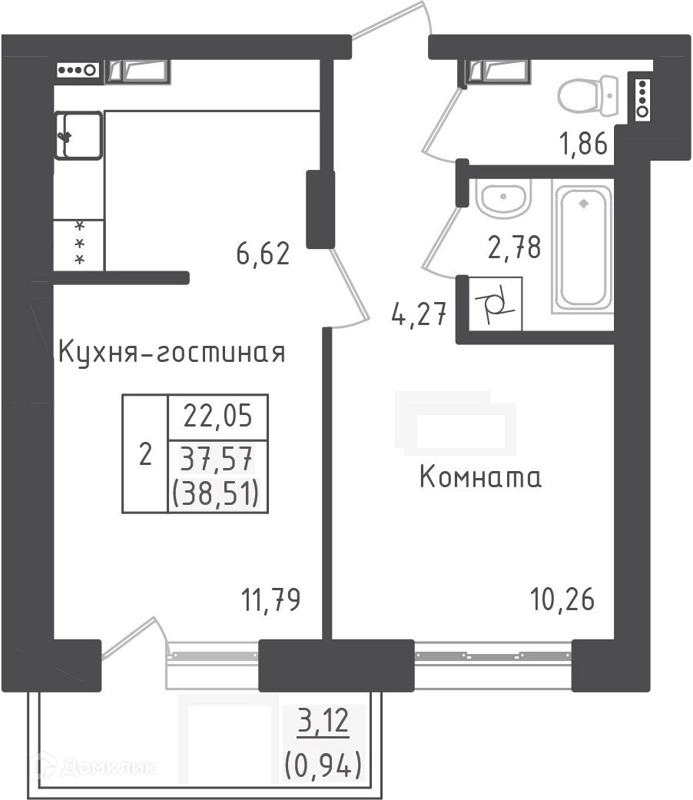 1-комнатная квартира 38.51 м² Зеленый город
