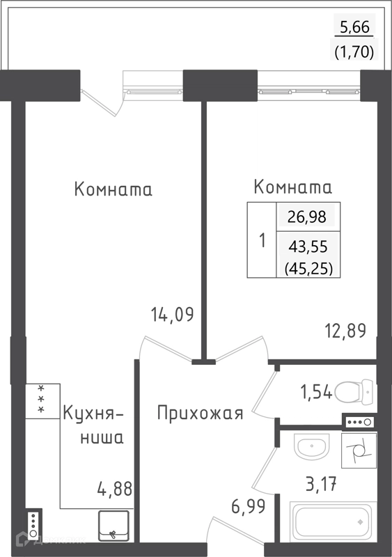 1-комнатная квартира 45.25 м² Зеленый город