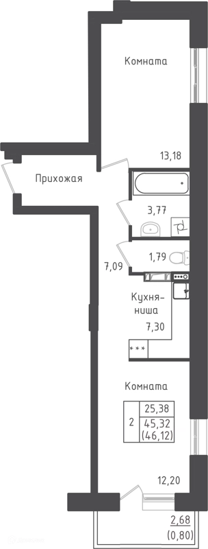 1-комнатная квартира 46.12 м² Зеленый город