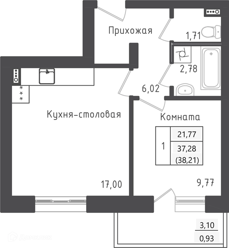1-комнатная квартира 38.21 м² Зеленый город