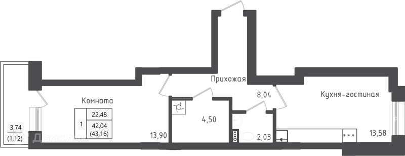 1-комнатная квартира 43.16 м² Зеленый город