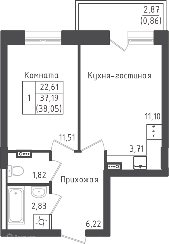 1-комнатная квартира 38.05 м² Зеленый город