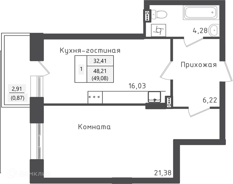 1-комнатная квартира 49.08 м² Зеленый город