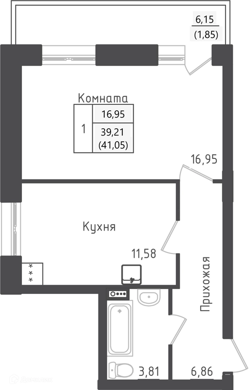 1-комнатная квартира 41.05 м² Зеленый город
