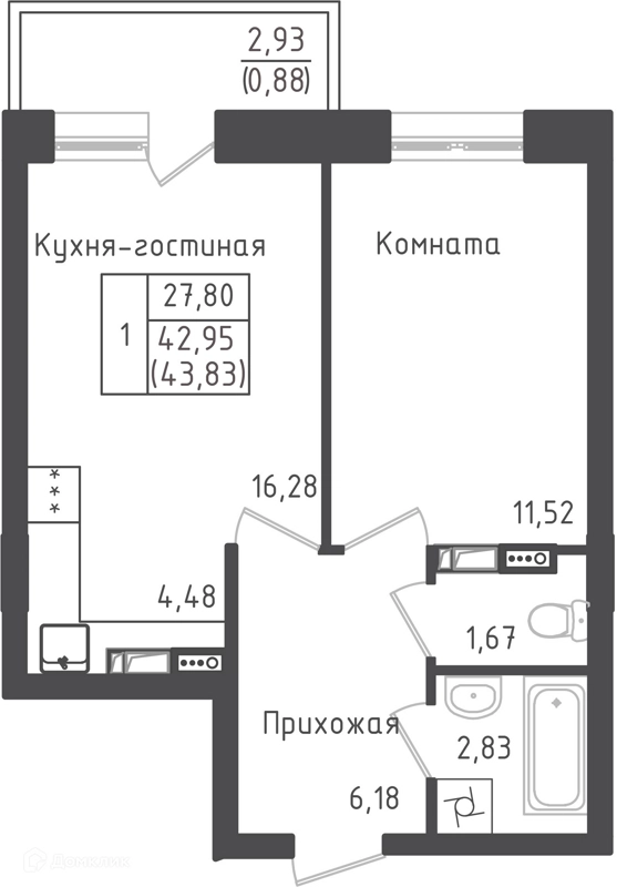 1-комнатная квартира 38.1 м² Зеленый город