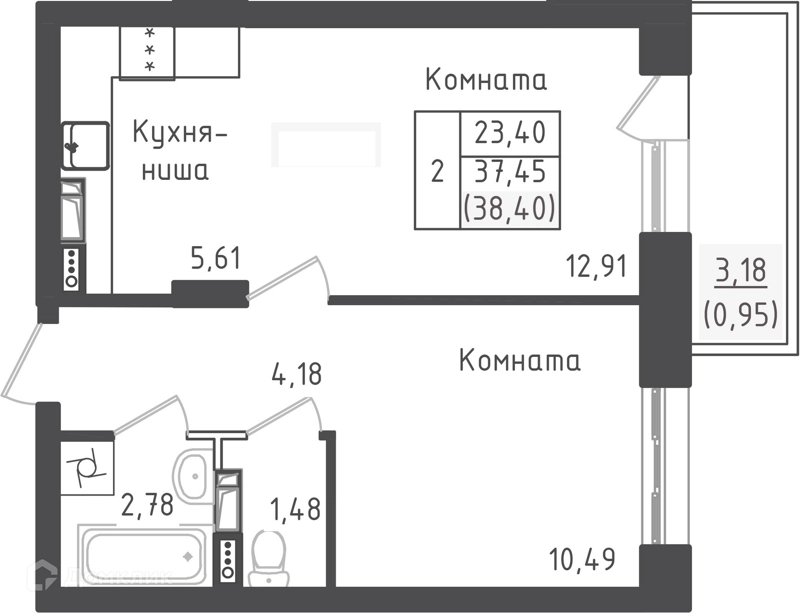 1-комнатная квартира 38.4 м² Зеленый город