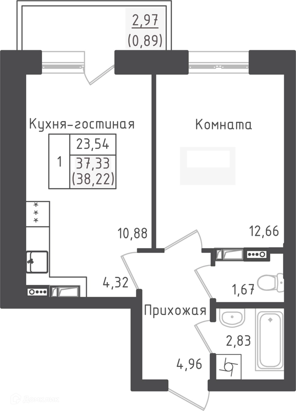 1-комнатная квартира 38.22 м² Зеленый город