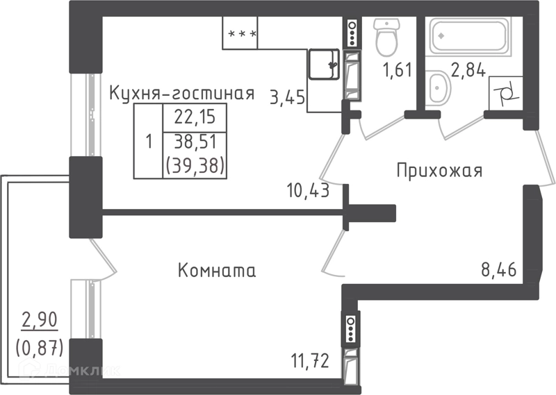 1-комнатная квартира 39.38 м² Зеленый город