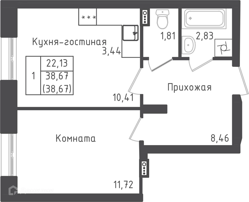 1-комнатная квартира 38.67 м² Зеленый город