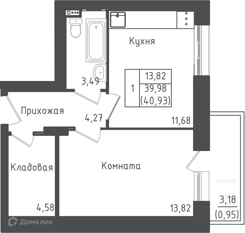 1-комнатная квартира 40.93 м² Зеленый город