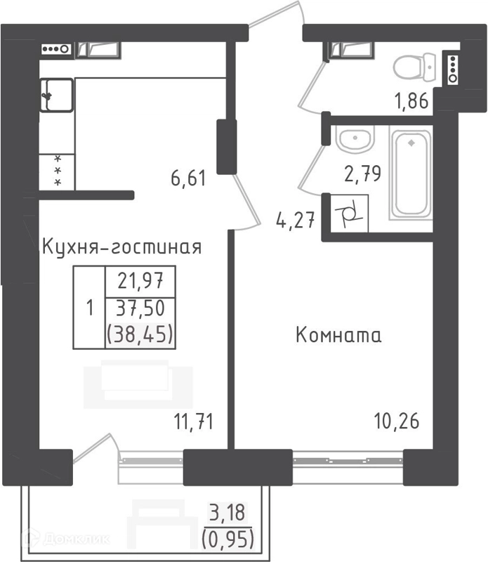 1-комнатная квартира 38.45 м² Зеленый город